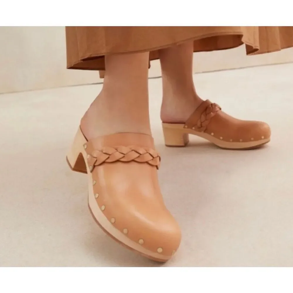 Loeffler Randall Lupa leather tan braided details clogs size 6 honey
